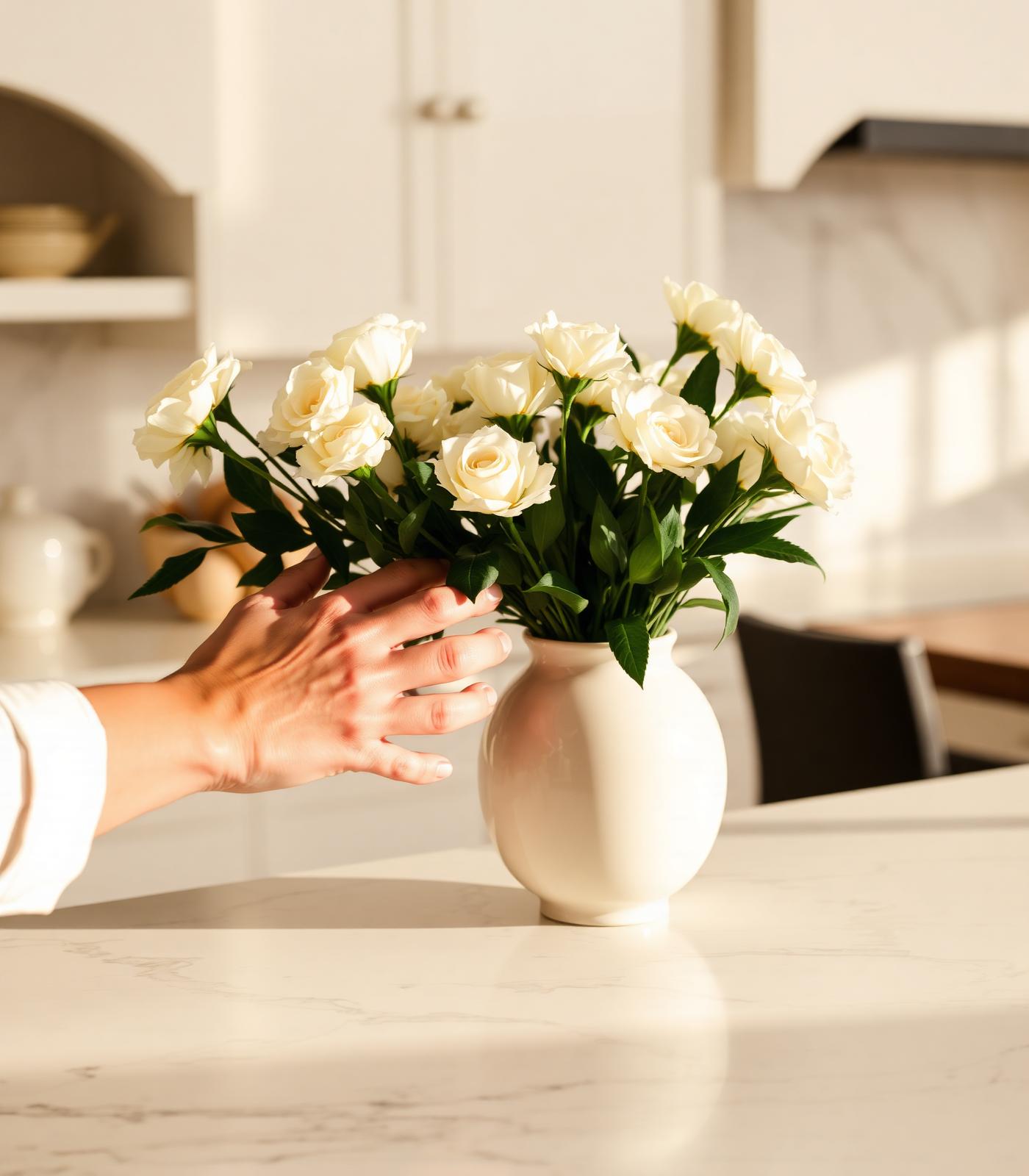 Fresh flowers being placed in a vase inside a luxury home
